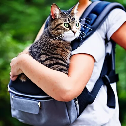 Prompt: a cat carrying a human in a pet backpack