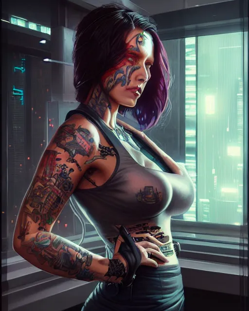 Prompt: cyberpunk corporate woman, covered in tattoos | | realistic shaded, fine details, realistic shaded lighting poster by greg rutkowski, diego gisbert llorens, magali villeneuve, artgerm, jeremy lipkin and rob rey