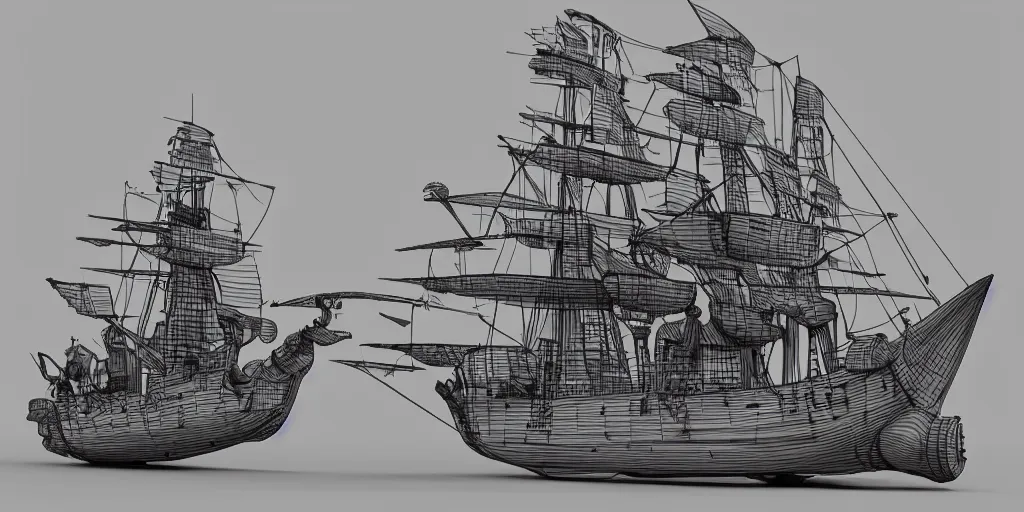 Prompt: a pirate ship, clean line art, drawing, sketching, kitbash 3 d, art by hebron ppg