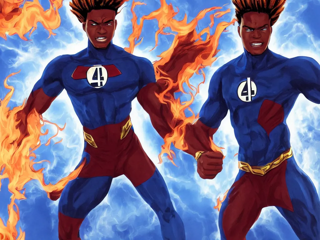 Prompt: African American Johnny Storm young male superhero of the fantastic four with flaming brown dreadlocks hair, blue uniform with the number 4 on the chest in a round logo, cinematic, high detail, no imperfections, extreme realism, high detail, extremely symmetric facial features, hyper realistic, dramatic lighting, unreal engine, by Stephen Spielberg