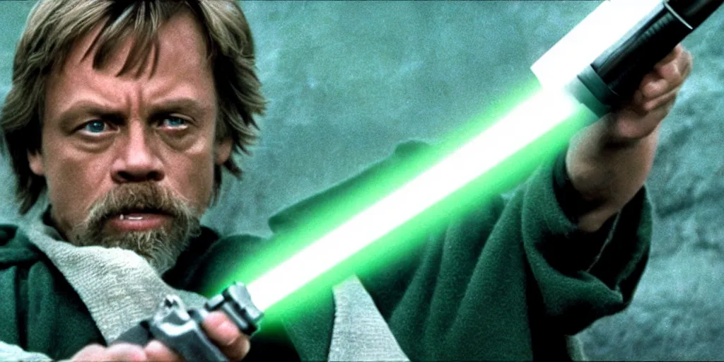 Image similar to a still from a film featuring middle aged mark hamill as jedi master luke skywalker, holding a green lightsaber by the hilt, full body, 3 5 mm, directed by steven spielberg, 1 9 9 4