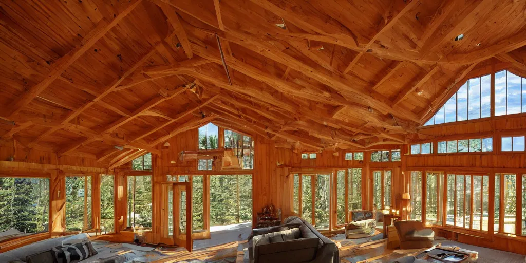 Prompt: large modern longhouse of chief seattle, golden light, emanating from tall rectangular windows, cedar wood, clean, comfortable, cozy, Washington State