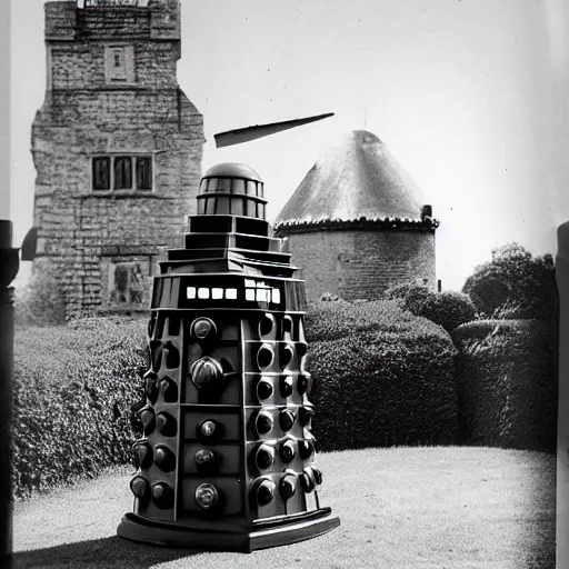 Prompt: A 35mm photo of a dr who dalek imitating a victorian folly. A dalek in the shape of a victorian folly. Award winning.