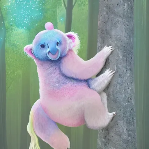 Prompt: pink and blue unicorn, koala riding on unicorn's back, koala stretches arms wide, hyper realistic style, winter forest with snow, dramatic lighting, one large yellow flower, 4k