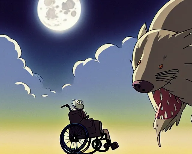 Image similar to a cell shaded cartoon grey lovecraftian wolfman in a wheelchair from howl's moving castle ( 2 0 0 4 ), with a big head, on a desert road, wide shot, in front of a big moon, muted colors, post grunge, studio ghibli, james jean, victor ngai, hq, deviantart, art by artgem