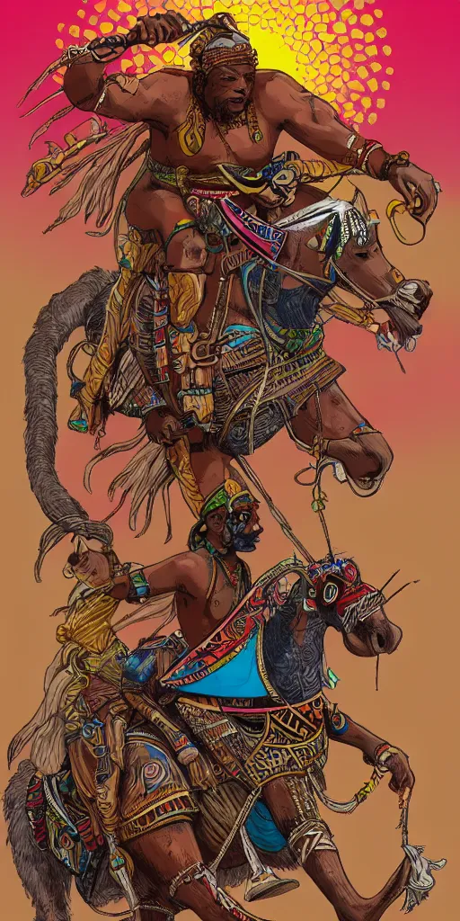 Prompt: portrait of african adventurer riding a fantasy quadruped with tribal decorations and tattoos by moebius, clean line, colorful comics style, artstation