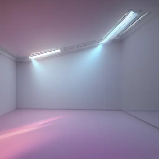 Image similar to an ultra high definition professional studio quality photograph of a transparent iridescent perspex pastel coloured sculpture in an empty white room. dramatic lighting, ray tracing, refraction, shallow d. o. f, colour corrected, golden ratio, three point light. volumetric shadows. god rays.