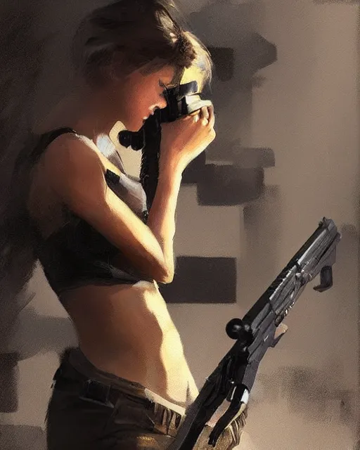 Image similar to Hyper realistic painting of a girl holding a gun, noir, hyper detailed, by greg rutkowski, trending on artstation