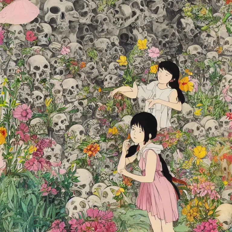 Image similar to young goddess peering from behind an enormous conical pile of skulls with flowers behind her, lush painting in the style of studio ghibli