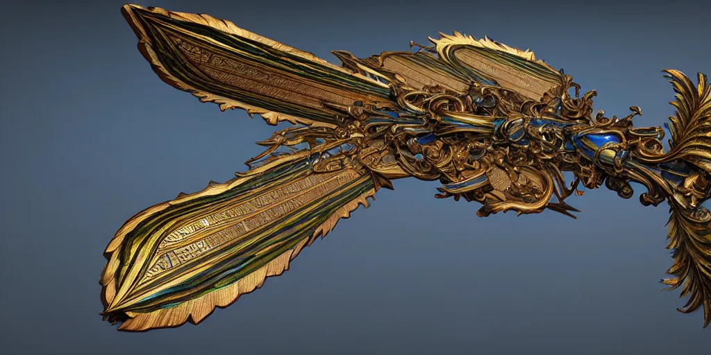 Image similar to beautiful physical hyper detailed render of a huge mega moon bow weapon, symmetric, the style of louis comfort tiffany, pascal blanche, zigor samaniego, paul pepera, ellen jewett, weapon design, perfect shadow, mechanics, feather, wing, exquisite, gradient, structure, c 4 d, 3 d render, unreal engines, atmospheric lighting, 4 k hd