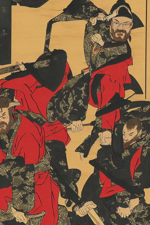 Image similar to a portrait of walter white and jesse pinkman in samurai armor, in the art style of ukiyo - e, sengoku - era art style, artistic 4 k