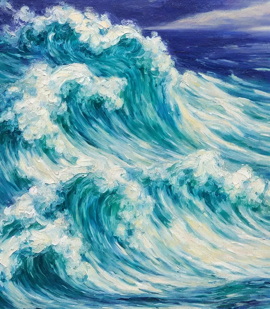 Image similar to an impasto oil painting of a beautiful hawaiian waves, monochromatic color scheme, high detail, breathtaking wave, modern art, abstract art, soft colors