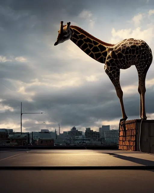 Prompt: rubber flat roofing installation services on garage roof halifax, fantasy, a giraffe standing on the roof, giraffe looks like a kangaroo, intricate, epic lighting, cinematic composition, hyper realistic, 8 k resolution, unreal engine 5, by artgerm, tooth wu, dan mumford, beeple, wlop, rossdraws, james jean, marc simonetti, artstation