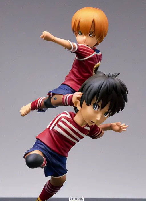 Image similar to chibi captain tsubasa anime figurine, soccer, art by gerald brom, greg rutkowski and artgerm and james jean and zdzisław beksinski, unreal engine, studio lighting