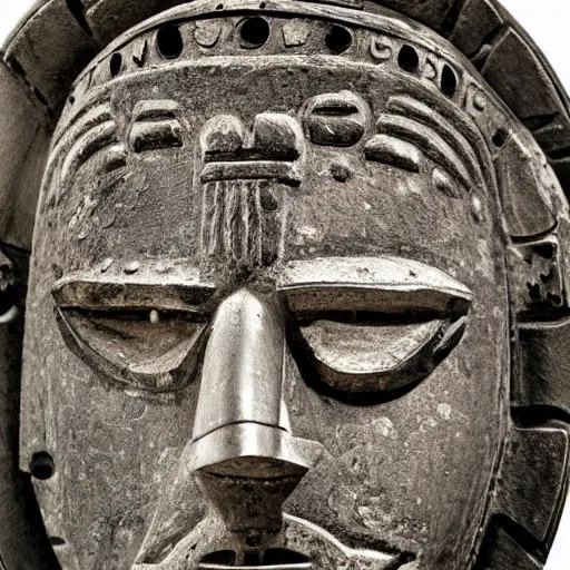 Prompt: photo portrait of precolumbian aztec shamanic metal face mask with fine detail engravings and runes cultist lord rich baron by Diane Arbus and Louis Daguerre