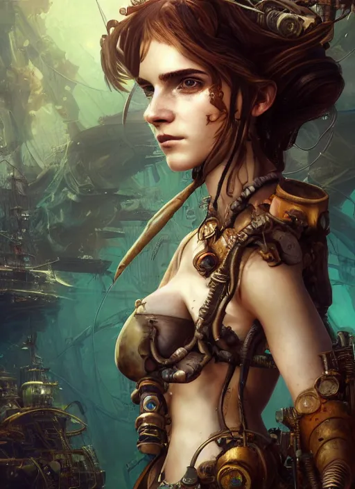 Prompt: underwater steampunk pirate biopunk portrait of emma watson, hyper detailed, digital art, cinematic lighting, studio quality, smooth render, unreal engine 5, octane rendered, art style by klimt and nixeu and ian sprigger and wlop and krenz cushart.