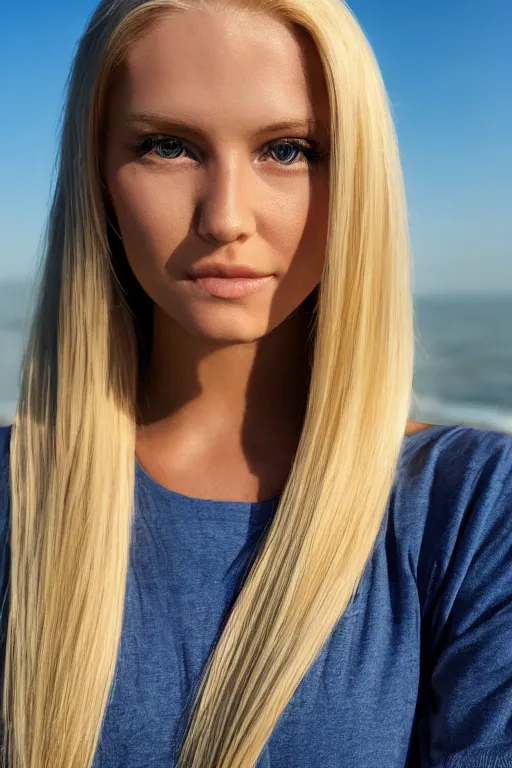 Image similar to head shot photo of a blonde female model in her twenties, silky straight hair, wearing a designer top, looking content, photo realistic, extreme detail skin, natural beauty, no filter, slr, golden hour, 4 k, high definition, selfie