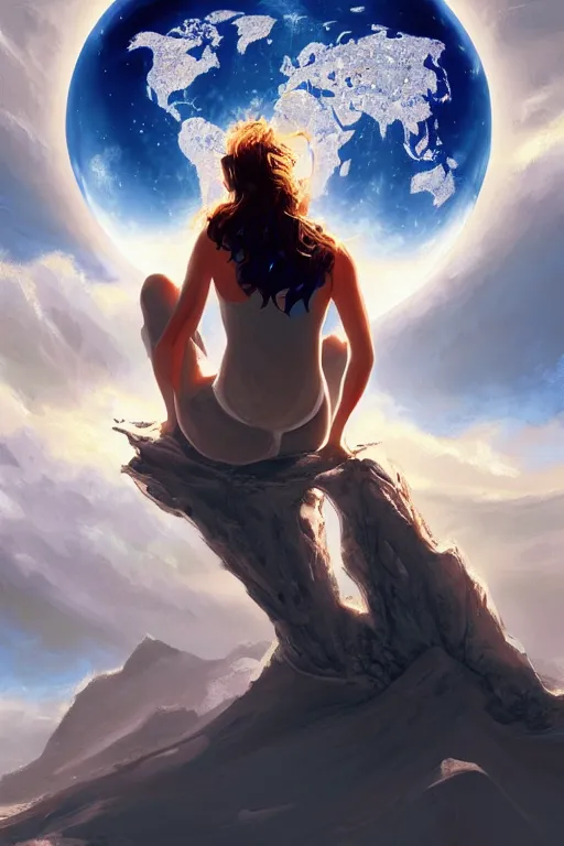 Image similar to Beautiful Woman sitting on the moon with a view of the earth in the background, digital painting, highly detailed, artstation, concept art, smooth, sharp focus, illustration.