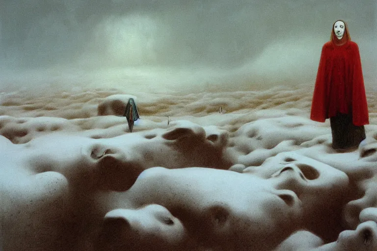 Image similar to a surrealist painting of a lonely woman with pale skin and red hair, standing over pile of bodies in post apocalyptic snowy landscape, painted by zdzisław beksinski