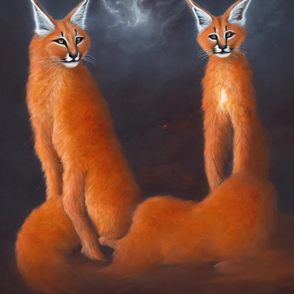 Prompt: many cute fluffy caracals, fire, epic, fantasy setting, dark environment, serene colors, soft lighting, atmospheric, cinematic, moody, in the style of diego koi, gina heyer, luiz escanuela, art by alyssa monk, hyperrealism, rule of thirds, golden ratio, oil on canvas, 8 k