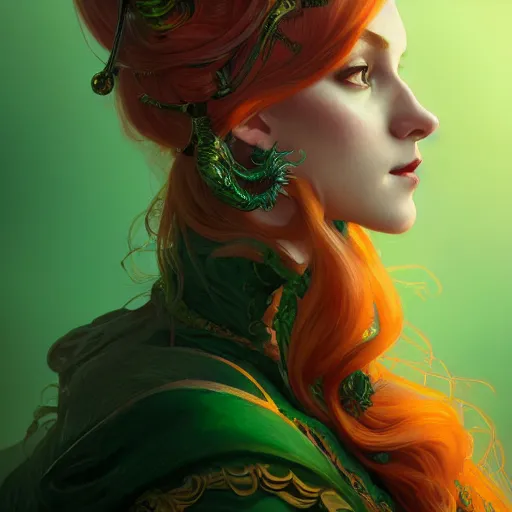 Prompt: aristocrat, green black orange color palette, female, d & d, fantasy, intricate, elegant, highly detailed, long green hair, digital painting, artstation, octane render, concept art, matte, sharp focus, illustration, hearthstone, art by artgerm, alphonse mucha johannes voss