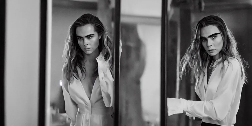 Image similar to ultra wide angle photo of cara delevinge dressed in a white blouse and black dress pants as diana prince looking at herself in a bathroom mirror and seeing her reflection as wonder woman