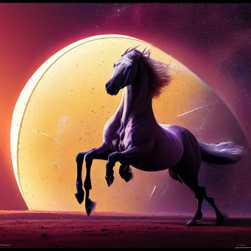 Image similar to the horse is a sphere, in a space vacuum, hyperrealism, no blur, 4 k resolution, ultra detailed, style of ron cobb, adolf hiremy - hirschl, syd mead, ismail inceoglu, rene margitte