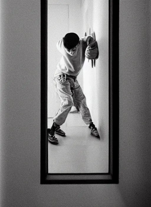 Prompt: Portrait of a 1990s Philadelphia b-boy looking back while exiting his brutalist apartment, hand on the doorknob, photographed for Reuters, Kodak Portra 400, 25mm f/1.8, light diffusion, contrast, film grain, 8k archival print, after Petrus van Schendel