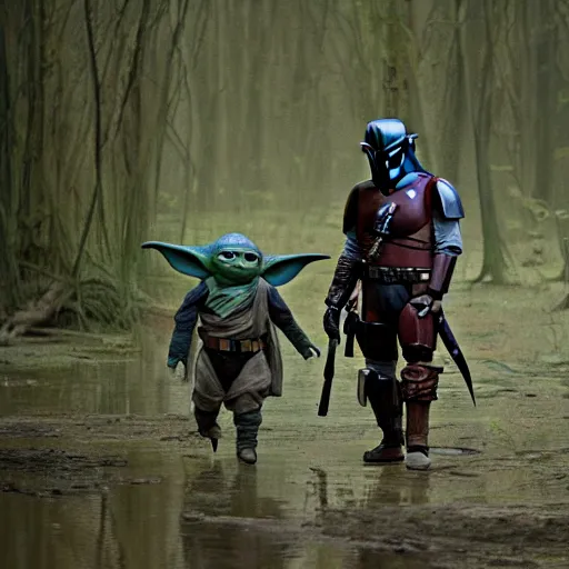 Prompt: mandalorian and baby yoda walking through swamp, stunning cinematography, light diffusion