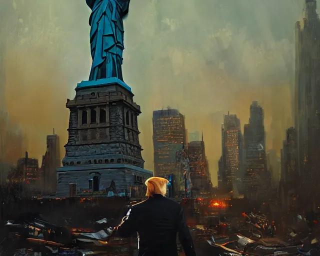 Image similar to Donald Trump attcking the Statue of Liberty in Manhattan, post apocalyptic New York, craig mullins, dramatic lighting, very detailed