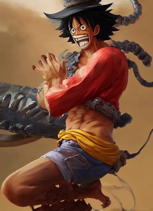 Image similar to a professional digital art of luffy, concept art, sharp detail, smooth render, art style by Ruan Jia and Mandy Jurgens and Ian Spriggs and William-Adolphe Bouguerea