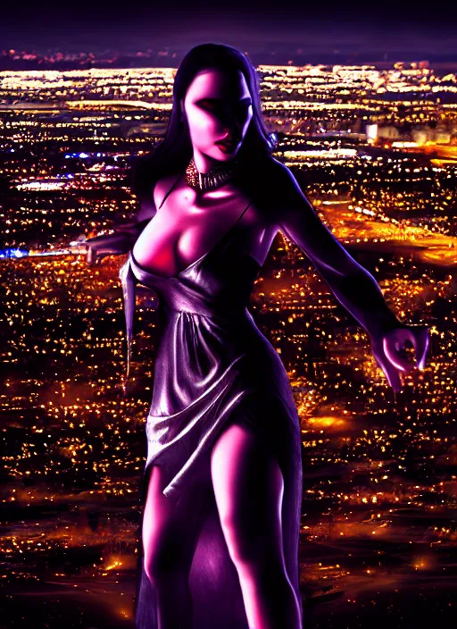 Image similar to full body portrait, vampire queen, blood, night shot of las vegas in background, highly detailed, CGsociety, subtle, concept art, HDR, hyper realistic, volumetric lighting, subsurface scattering, unreal