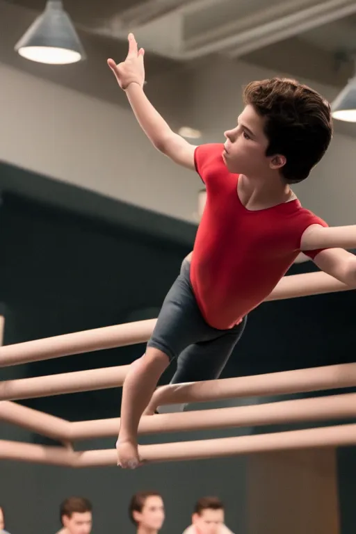 Prompt: young jake t. austin doing gymnastics, red weapon 8 k s 3 5, cooke anamorphic / i lenses, highly detailed, cinematic lighting