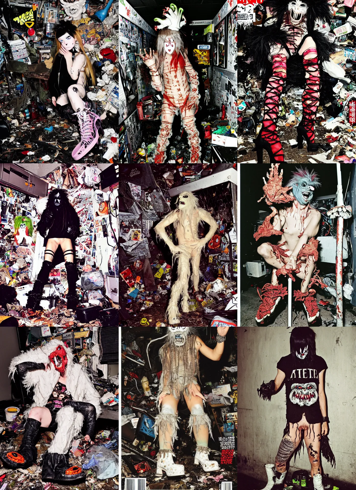 Image similar to photo of lace monster goblin wearing ripped up dirty Swear kiss monster teeth yeti platform boots in the style of Ryan Trecartin in the style of 1990's FRUiTS magazine 20471120 in japan in a dirty dark dark dark poorly lit bedroom full of trash and garbage server racks and cables everywhere in the style of Juergen Teller in the style of Shoichi Aoki, japanese street fashion, KEROUAC magazine, Walter Van Beirendonck W&LT 1990's, Vivienne Westwood, y2K aesthetic