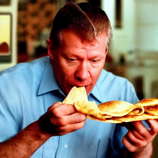 Image similar to film still of Klaus Iohannis eating a Shawarma, 4k remastered, criterion collection