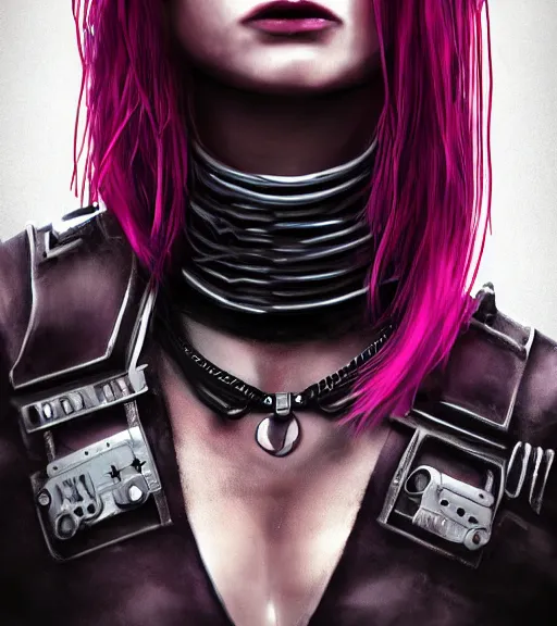 Image similar to detailed realistic female character cyberpunk wearing thick steel collar around neck, realistic, art, beautiful, 4K, collar, choker, collar around neck, punk, artstation, detailed, female, woman, choker, cyberpunk, neon, punk, collar, choker, collar around neck, thick collar, tight around neck, punk, choker, hyperrealistic, realistic, female, punk female,