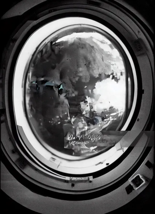 Prompt: analogue photo of an African tribal in a spaceship looking at planet earth through the porthole window, photography shot by martha cooper,