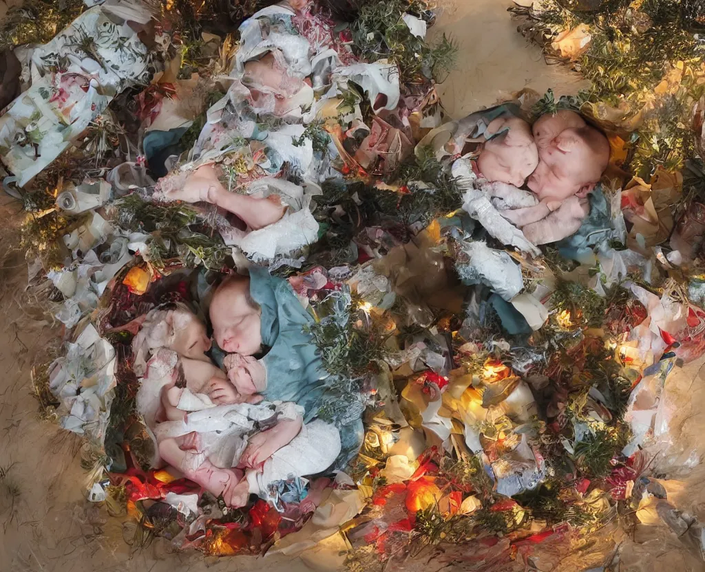 Image similar to Two twin babies in a gift box, christmas lights, photo realistic, award winning photograph, very detailed, art by Studio Ghibli
