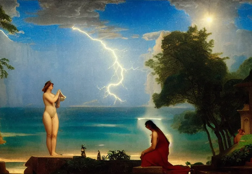 Image similar to Girl at the palace, refracted sparkles, thunderstorm, greek pool, beach and Tropical vegetation on the background major arcana sky, by paul delaroche, hyperrealistic 4k uhd, award-winning, very very very detailed