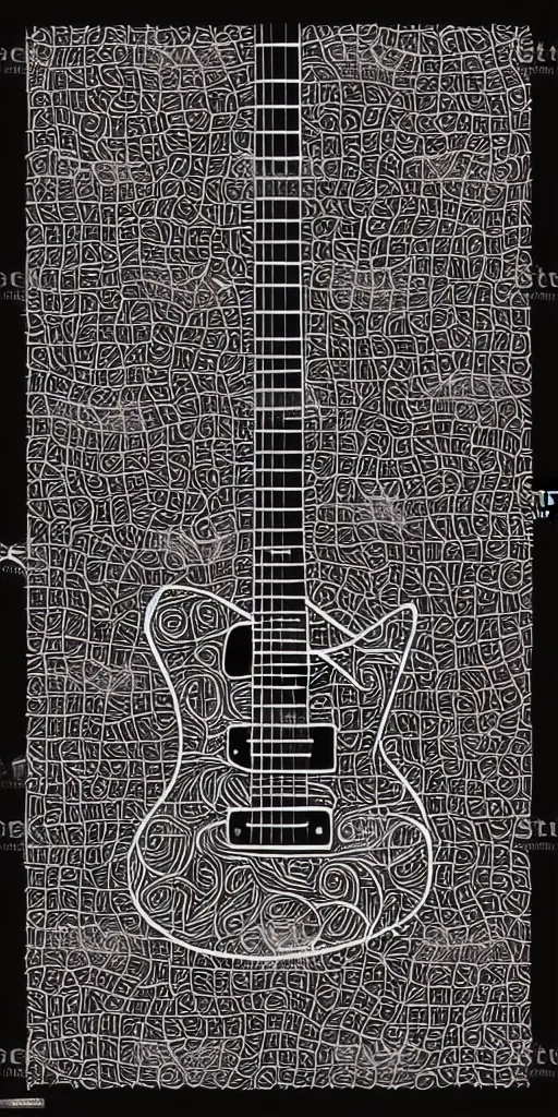 Image similar to doodle vector art of a white electric guitar against a fully black background, simple. A k_euler_ancestral