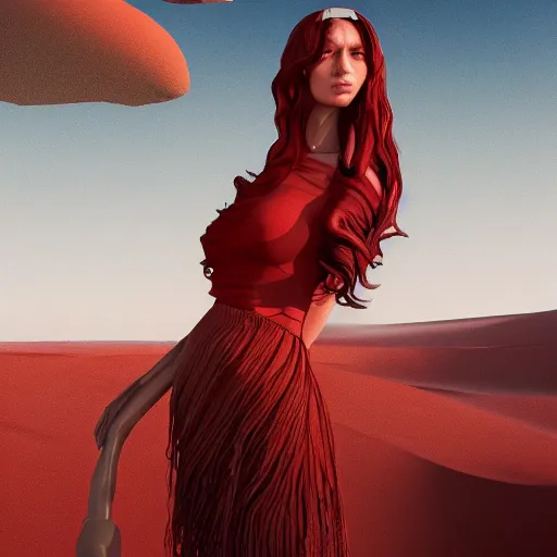 Prompt: Mesopotamian woman with thick black curls and bangs wearing red and white standing in front of red desert cliffs intricate portrait by Tooth Wu and wlop and beeple and Dan Mumford. Octane render, trending on artstation, greg rutkowski very coherent symmetrical artwork. Cinematic, hyper realism, high detail 8k