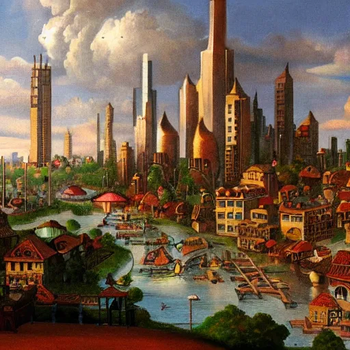 Prompt: a very beautiful painting of a utopian city, detailed