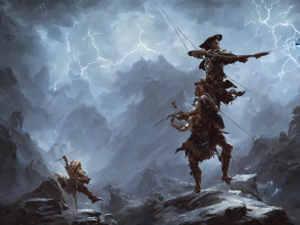 Image similar to a huntsman using a bow and arrow made out of lightning in the baroque era, hearthstone art style, epic fantasy style art by Craig Mullins, fantasy epic digital art, epic fantasy card game art by Greg Rutkowski