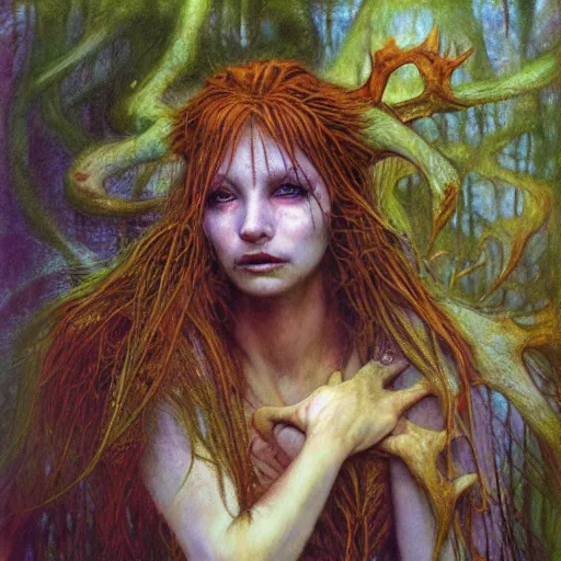 Prompt: rusalka of the blighted swamp, by brian froud, cold colors, oil on canvas