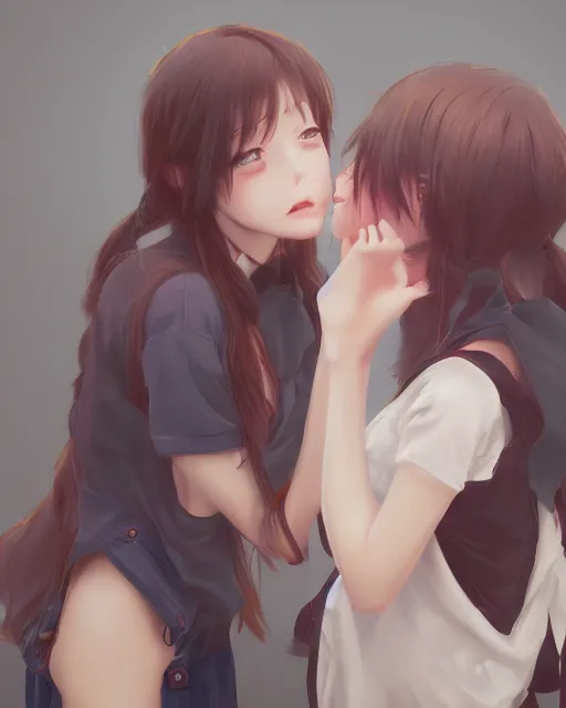 portrait of two girls kissing, anime, drawn by WLOP,, Stable Diffusion