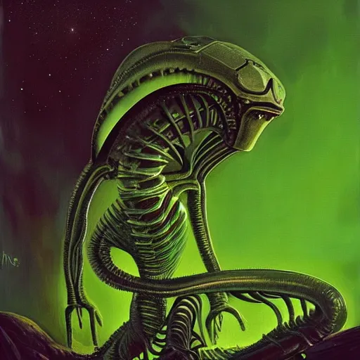 Image similar to a painting of a alien creature with a green background, an ultrafine detailed painting by h. r. giger, artstation, space art, reimagined by industrial light and magic, # vfxfriday, cosmic horror