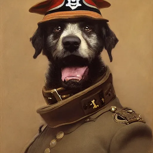 Image similar to old dog with big mustache dressed as a antropormophhic dog veteran colonel of the first world war german army, a dog as a human, highly detailed painting by gaston bussiere, craig mullins, j. c. leyendecker