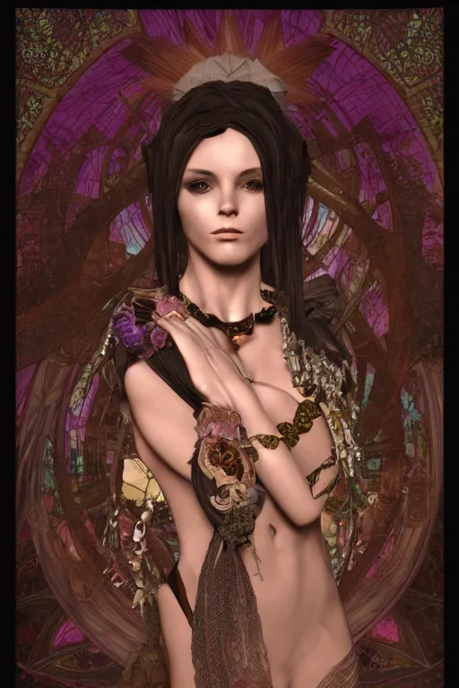 Prompt: a realistic dark photo of a mileena, woman, herpen dress jewelery and fractals in style of alphonse mucha art nuvo dmt trending on artstation made in unreal engine 4