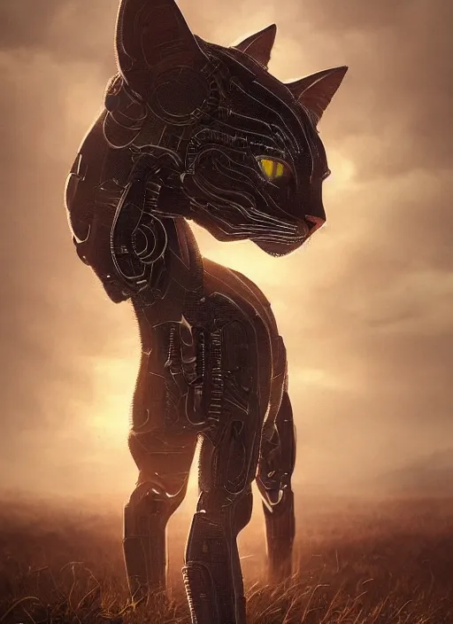 Prompt: giant cyborg cat on a dusky land, art by artgerm and greg rutkowski, cinematic shot, intricate, ornate, photorealistic, ultra detailed, trending artstaition, realistic, 1 0 0 mm, photography, octane, high definition, depth of field, bokeh, 8 k
