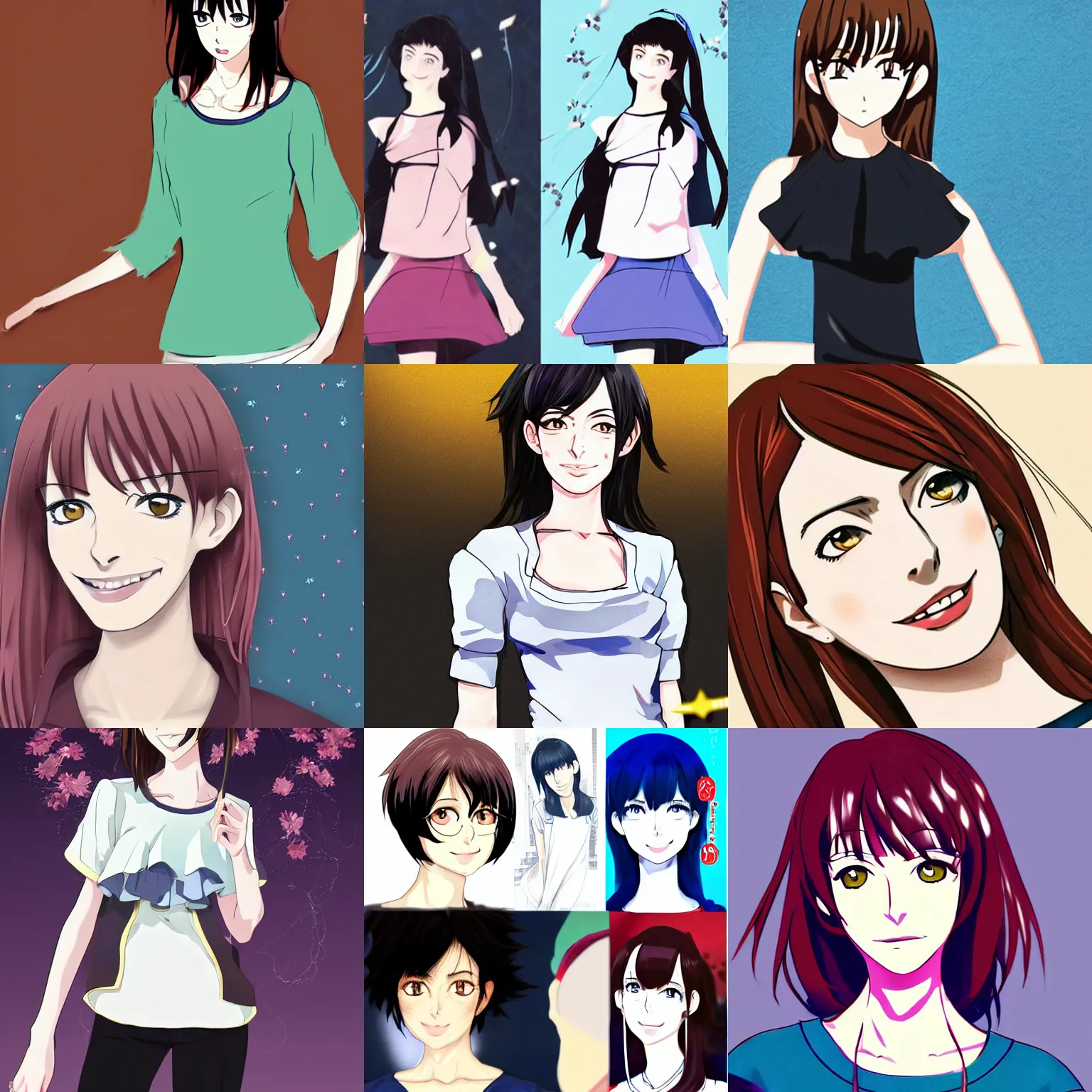 Prompt: an high quality anime-style digital artpiece of anne hathaway, wearing a cute top, trending, top rated